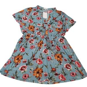 NWT Ivy Rose Blouse Womens Blue‎ 1X Floral V Neck Elasticized Waist Sheer Long